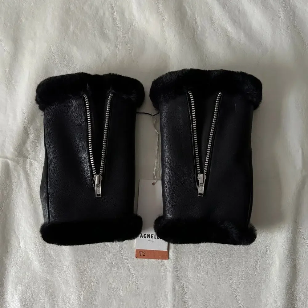 New Agnelle Barbara Fingerless Gloves in Noir Leather Women's Size 2